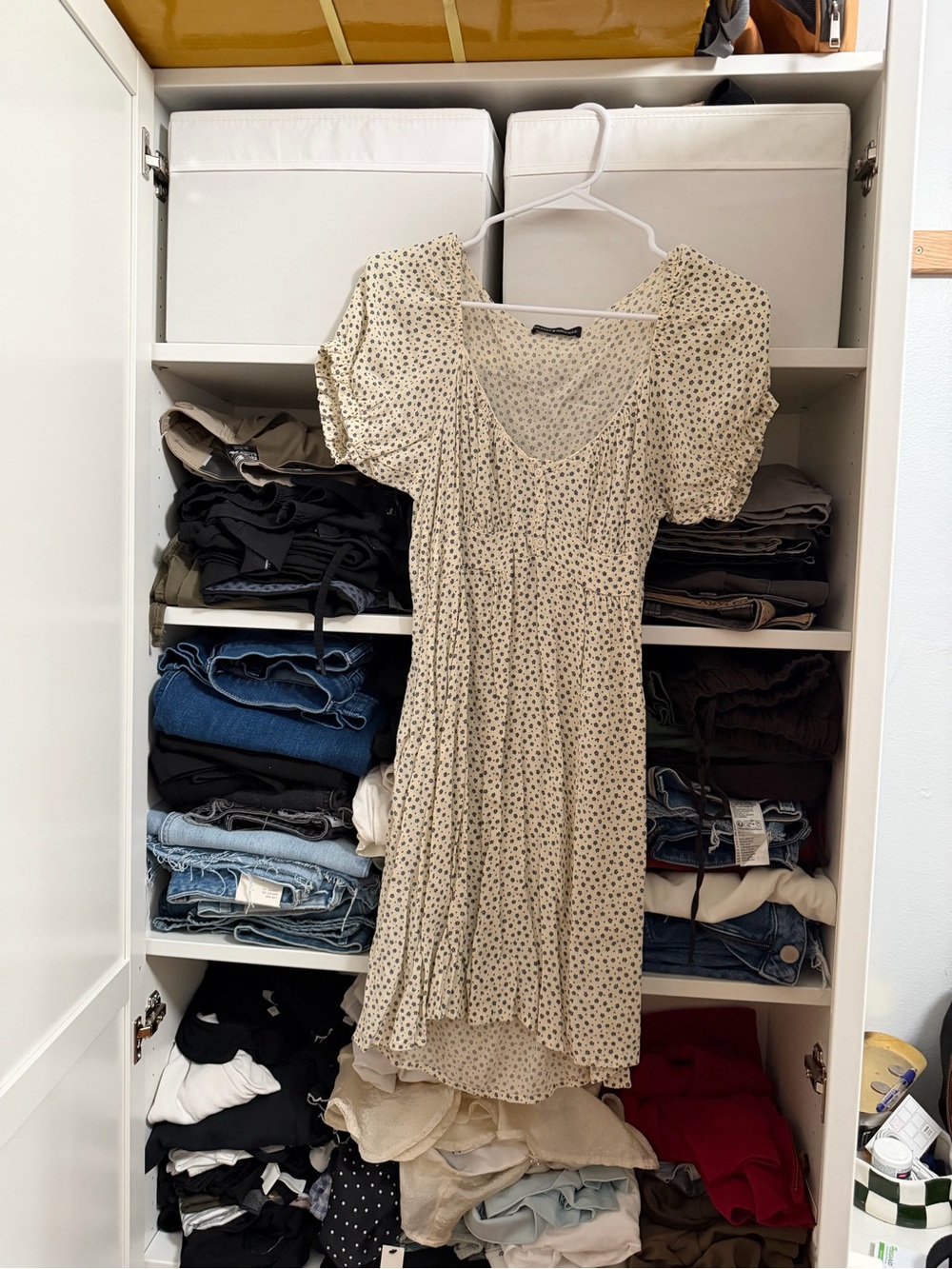 Brandy Melville Cream Dress with Black Micro Floral Print
